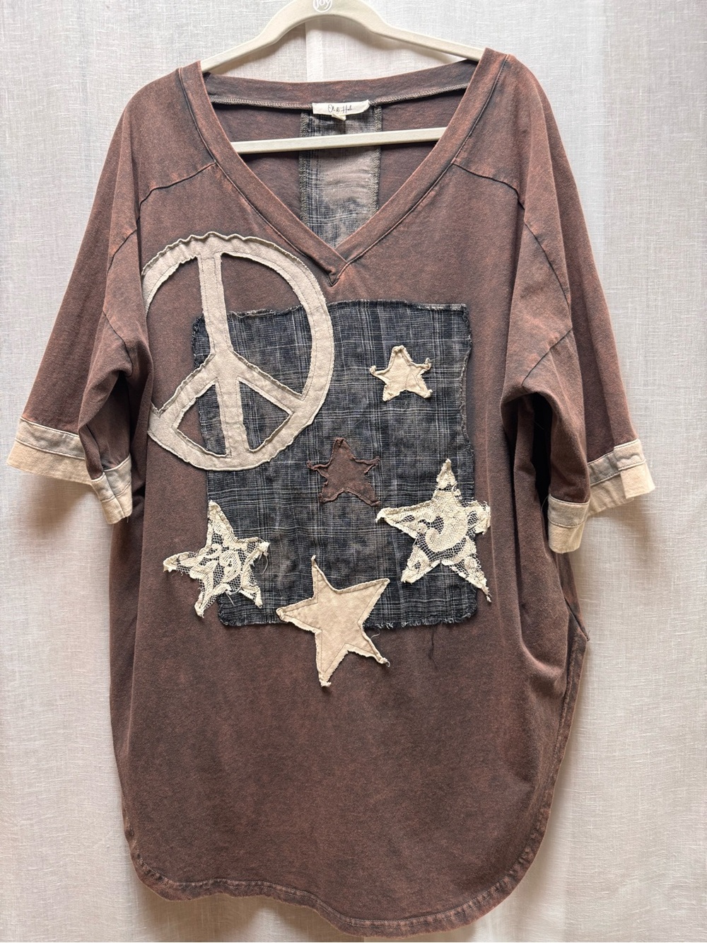 Oli & Hali Washed Brown V-Neck Tee with Denim Patch & Star Appliqués